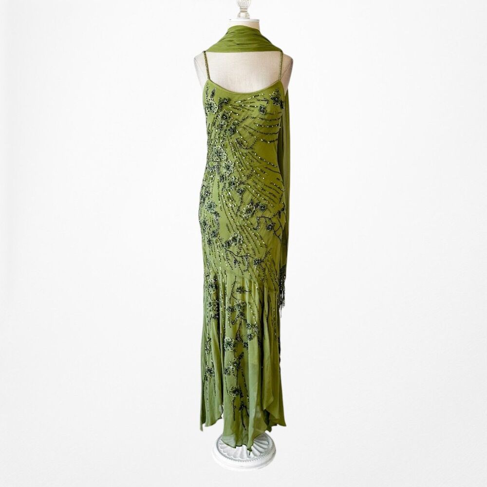 Vintage Y2K Olive Green Floral Beaded Bodycon Prom Shawl Dress Size S - Picture 6 of 17